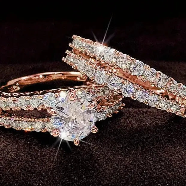 2 in 1 women's ring set showing fashion and fully jewelled geometric bands in silver, gold and rose gold colours