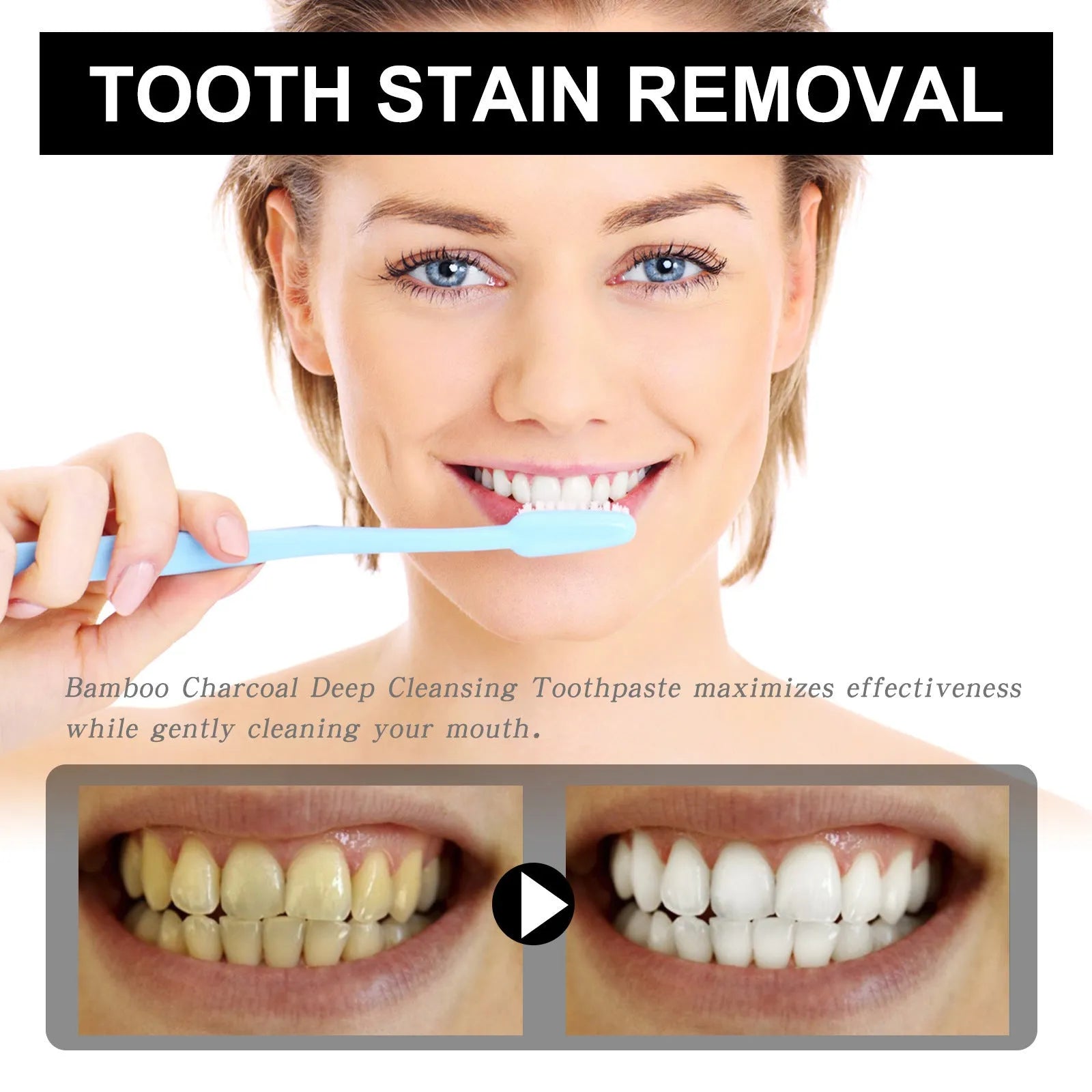 Bamboo charcoal bright white toothpaste tube showing 30ml capacity and stain removal function