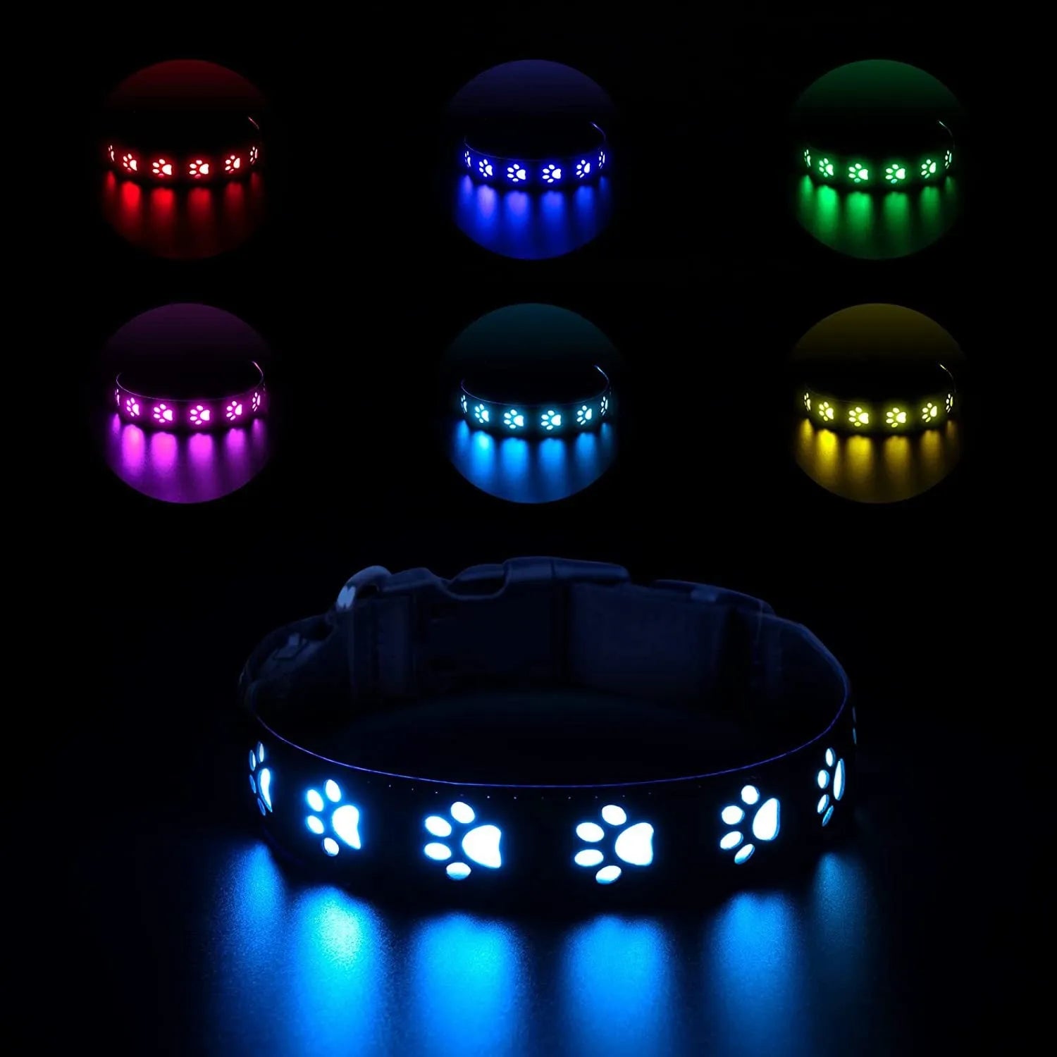 LED light-up dog collar with paw print pattern showing seven colour modes