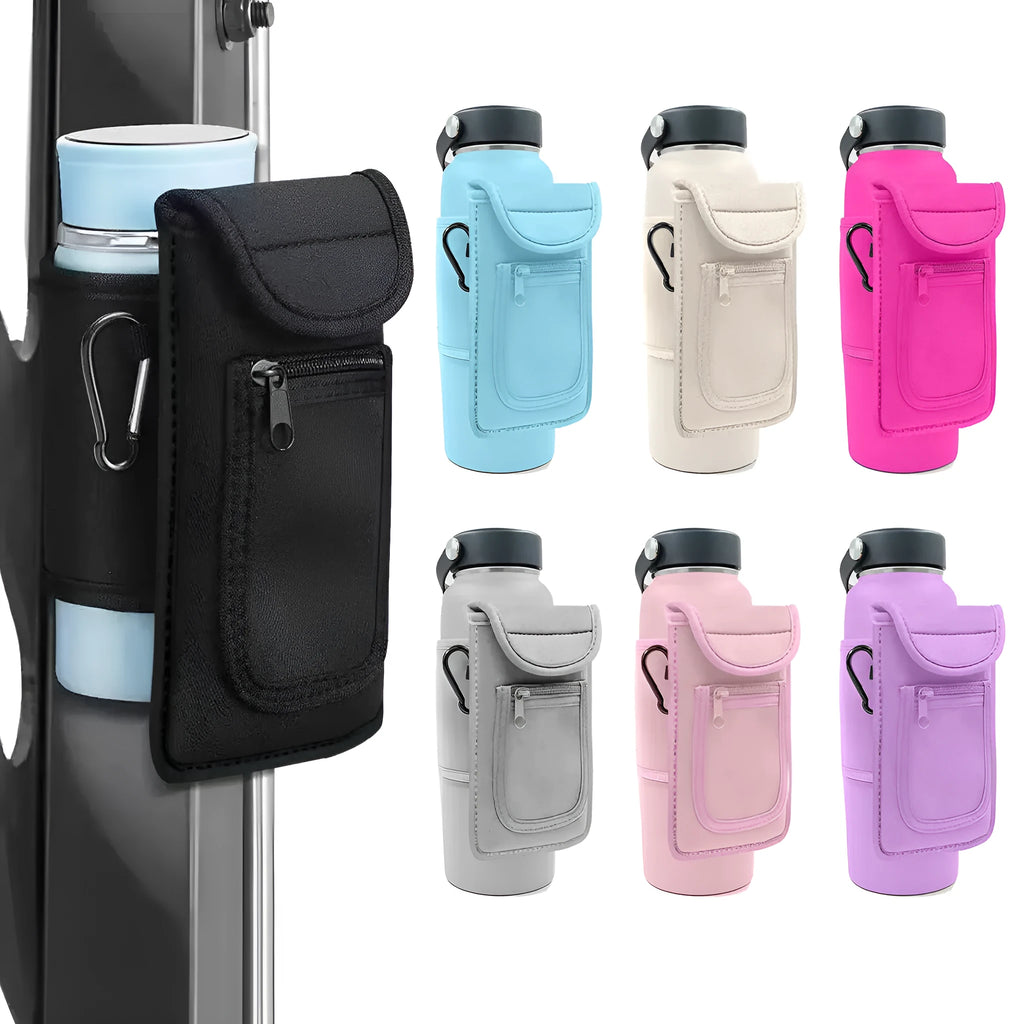 Fabric magnetic cup sleeve for water bottles in various colours including black, grey, pink, and blue