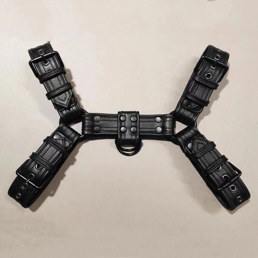Black leather chest muscle bondage adjustable shoulder strap with metal rivets and buckle hardware