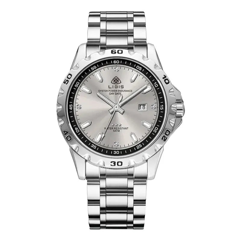 Men's silver case business watch with luminous hands, stainless steel strap, and sapphire glass