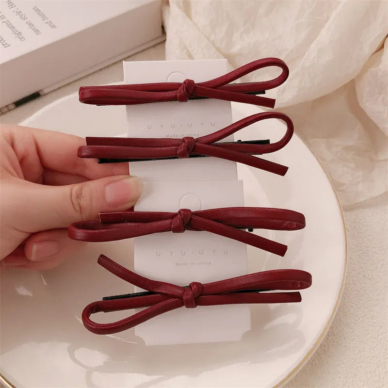 Wine red leather bow barrettes hair clips for women, single and pair options