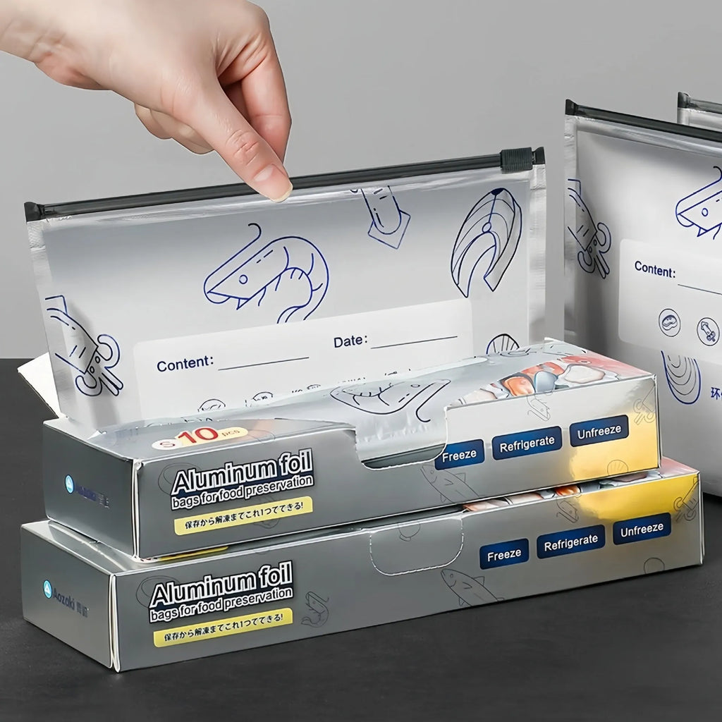 Set of aluminium foil sealed bags and boxes for food preservation in three different sizes.