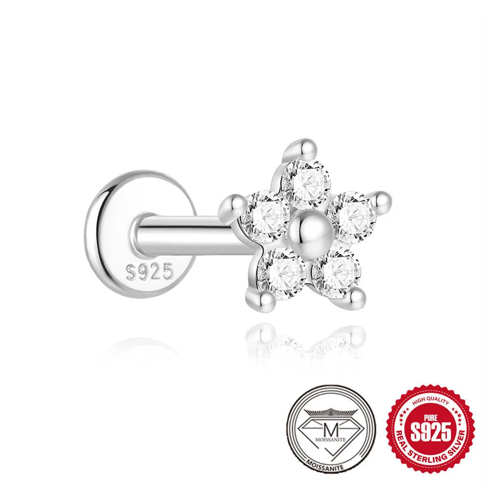 S925 sterling silver geometric stud earrings with petal diamond designs in platinum finish