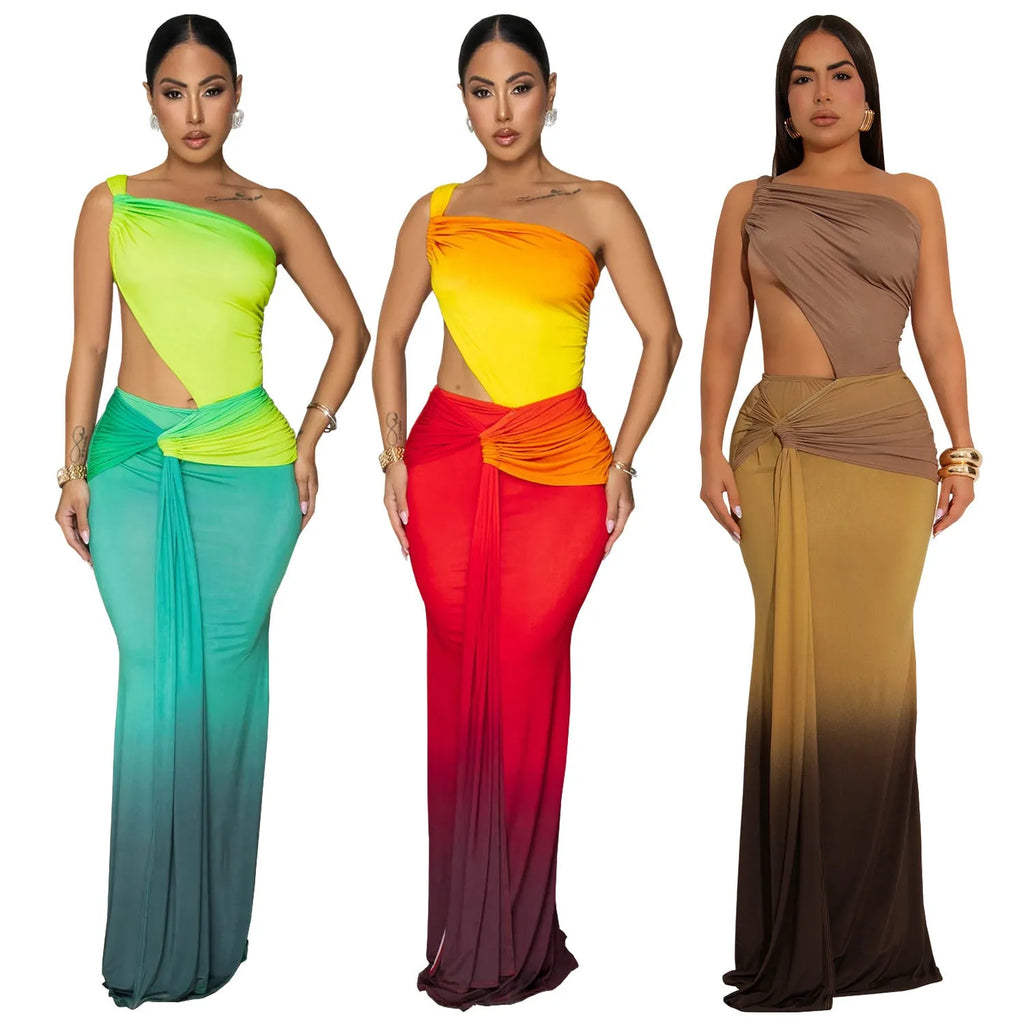 Women's gradient colour cross-shoulder sleeveless dress with a high waist and long one-step skirt.