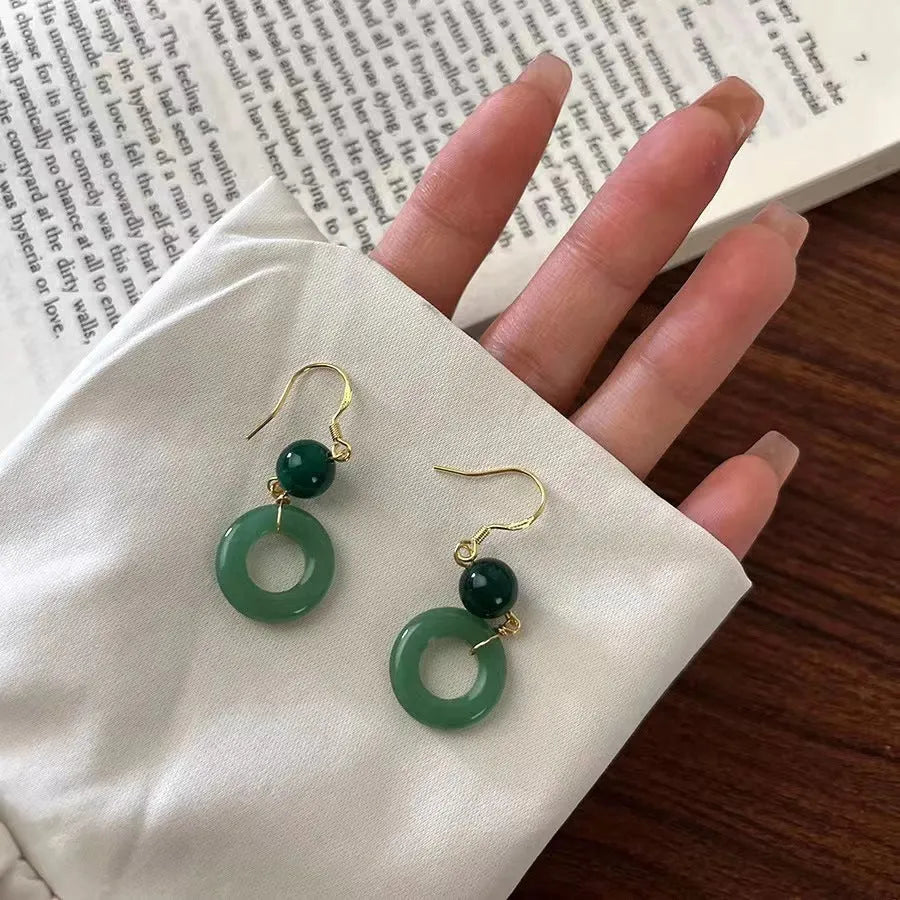 Green jade design peace buckle shape earrings for Han Chinese clothing with geometric shape and 14K gold plating