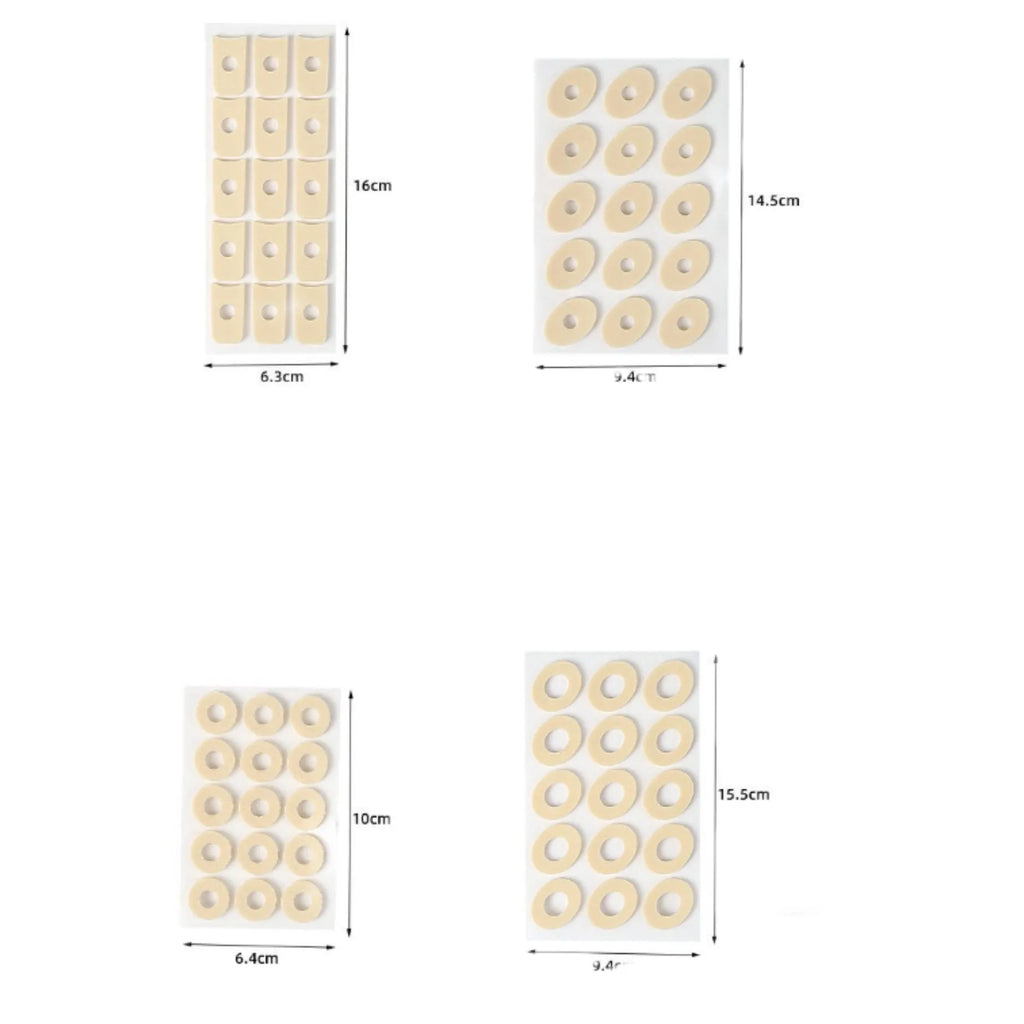 Pack of women's heel corn protectors showing large oval, small oval, U-shaped, and circular section PU pads.
