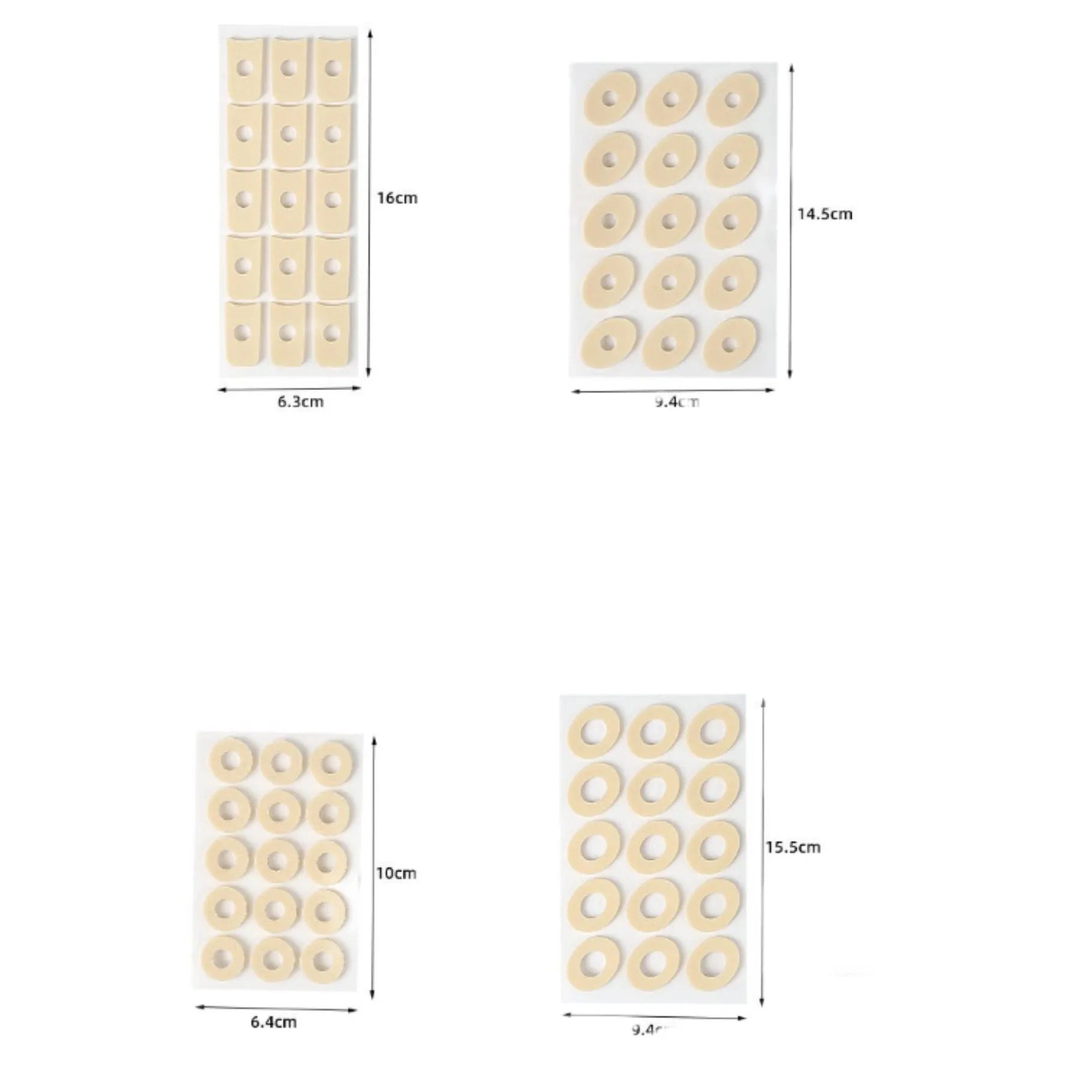 Pack of women's heel corn protectors showing large oval, small oval, U-shaped, and circular section PU pads.