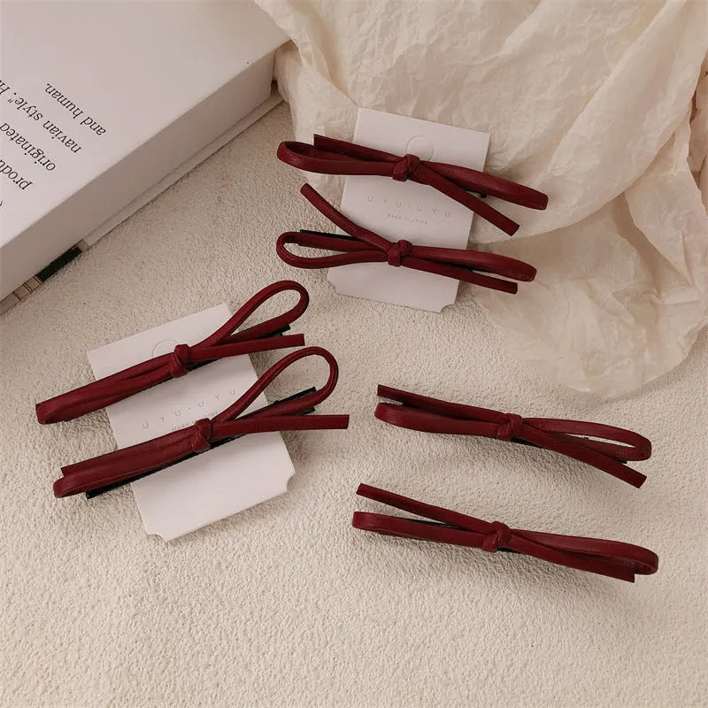 Wine red leather bow barrettes hair clips for women, single and pair options