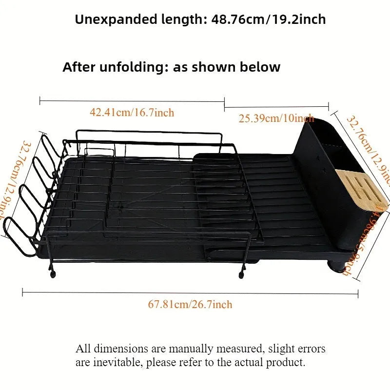 Retractable carbon steel kitchen dish drain rack for knives and forks on a countertop.