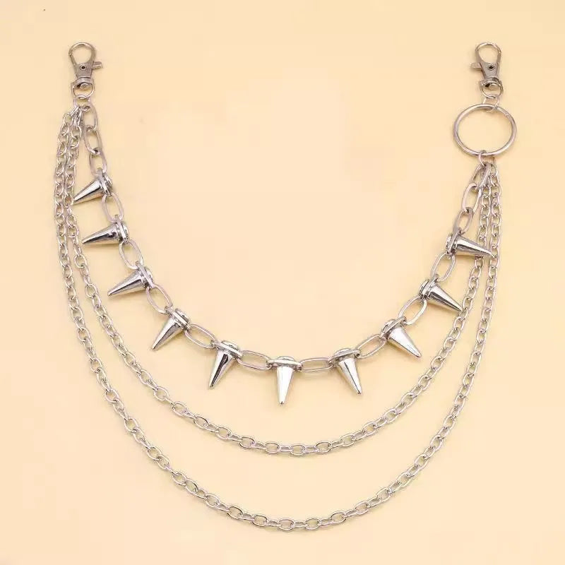 Silver metal double-layer pants chain with rivet detailing measuring 115cm length