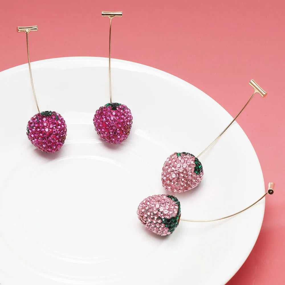 Red geometric strawberry-shaped alloy earrings with spot drill detailing for women