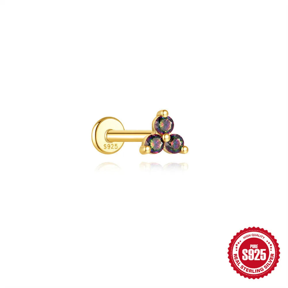 S925 sterling silver flat head thread piercing earring with rainbow stone on geometric setting.