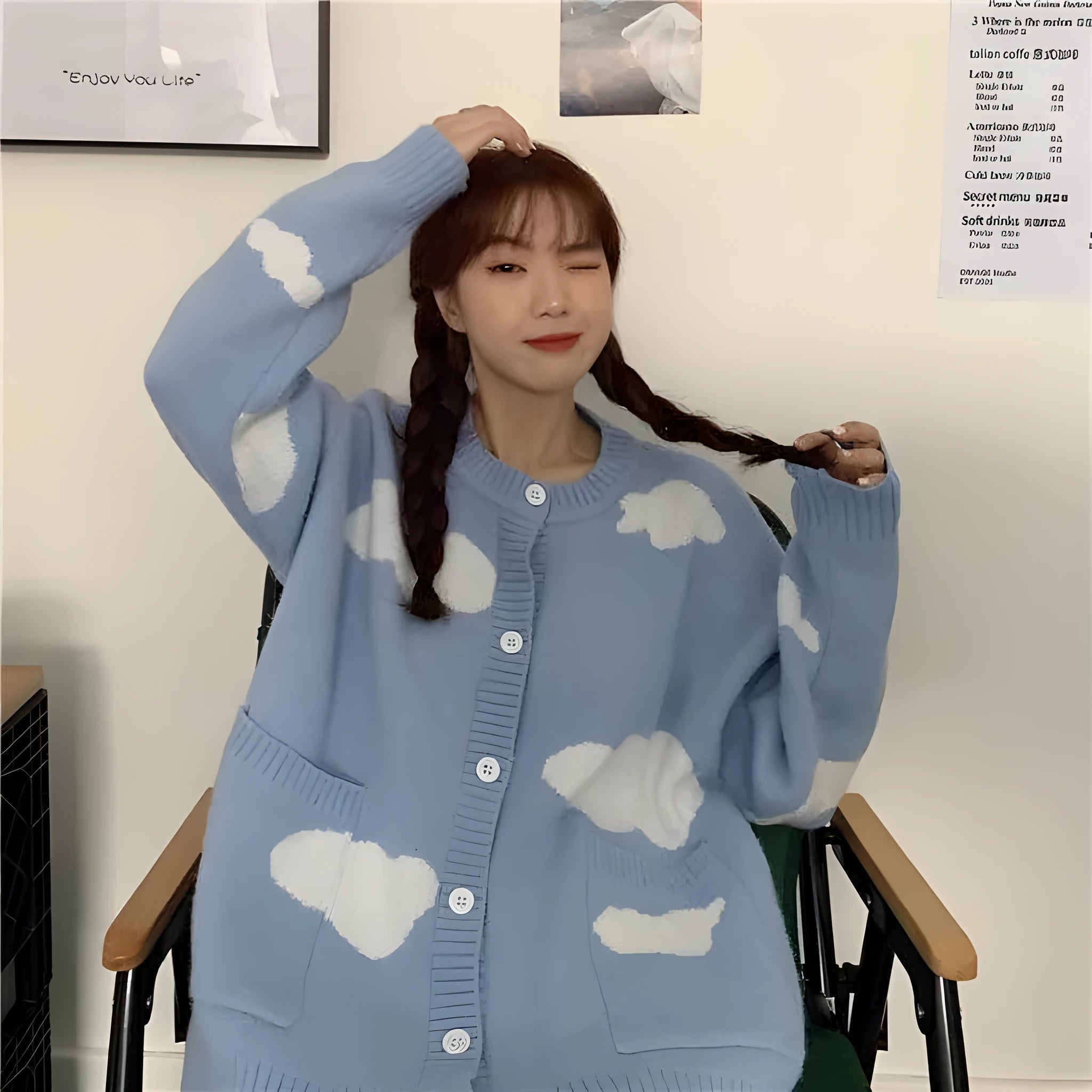 Women's blue cloud pattern spandex cardigan sweater coat with loose fit and regular sleeves