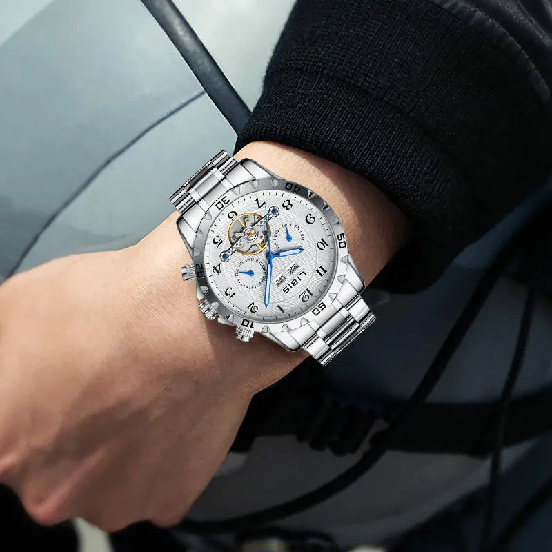 Men's silver automatic perpetual calendar mechanical watch with stainless steel belt and sapphire crystal