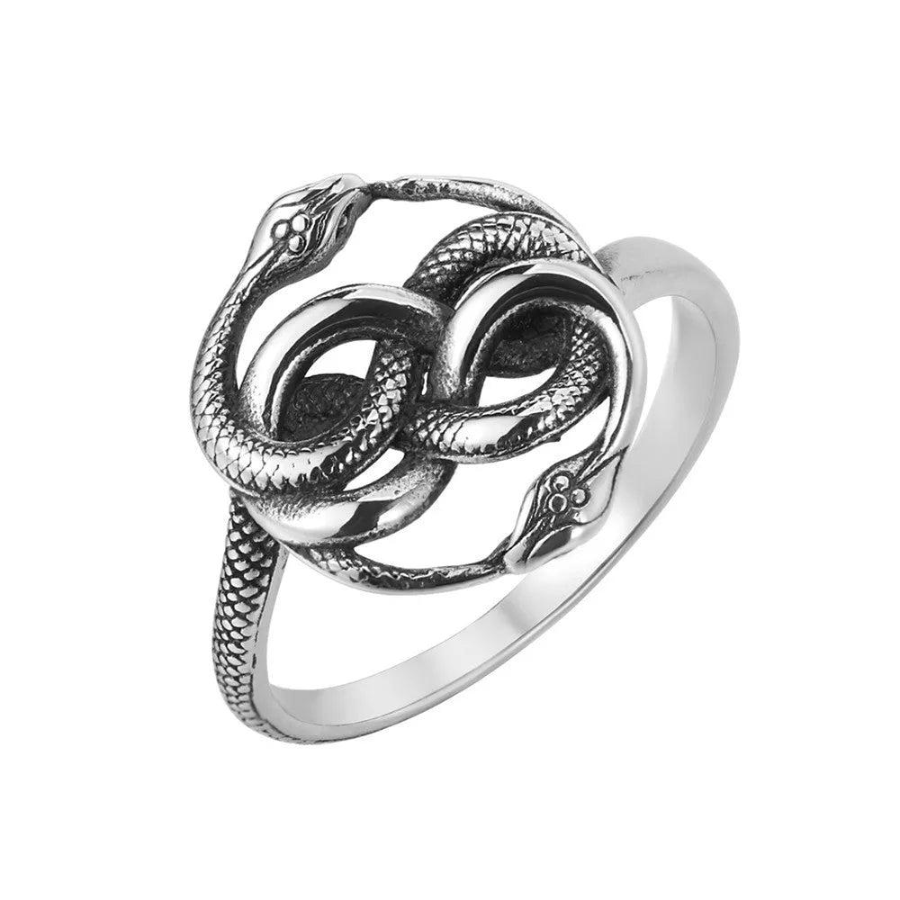 Retro style titanium steel double snake ring in steel colour on size chart