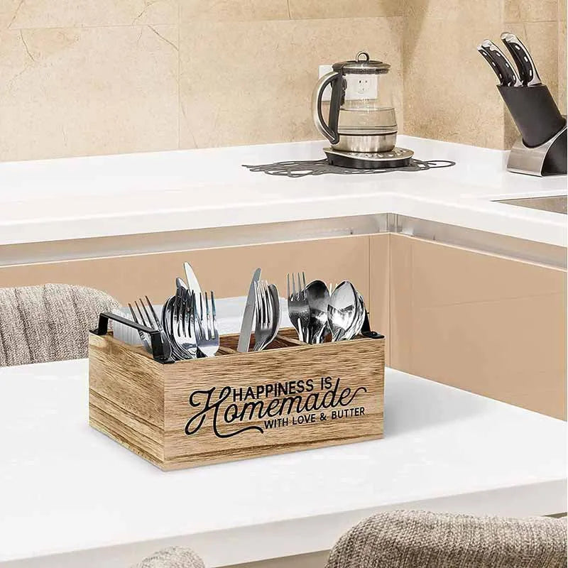 Wooden kitchen storage box with grid dividers measuring 23×16.8×10cm