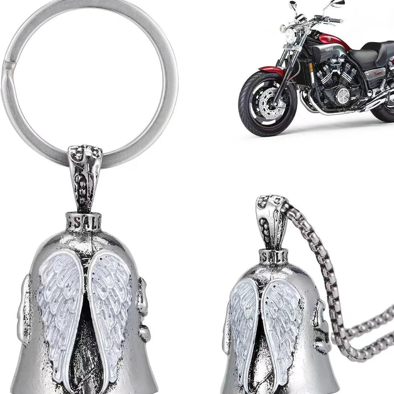 White angel wings necklace and keychain set with vintage electroplating finish