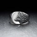 Men's silver geometric wolf ring with retro design on size chart showing UK 6-12 measurements