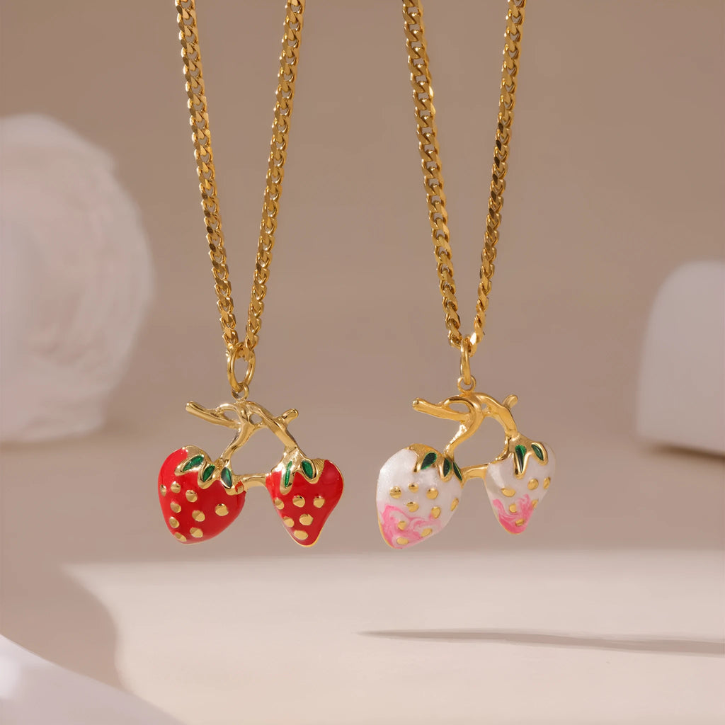 Strawberry necklace pendant in red or white gradient colour on alloy chain