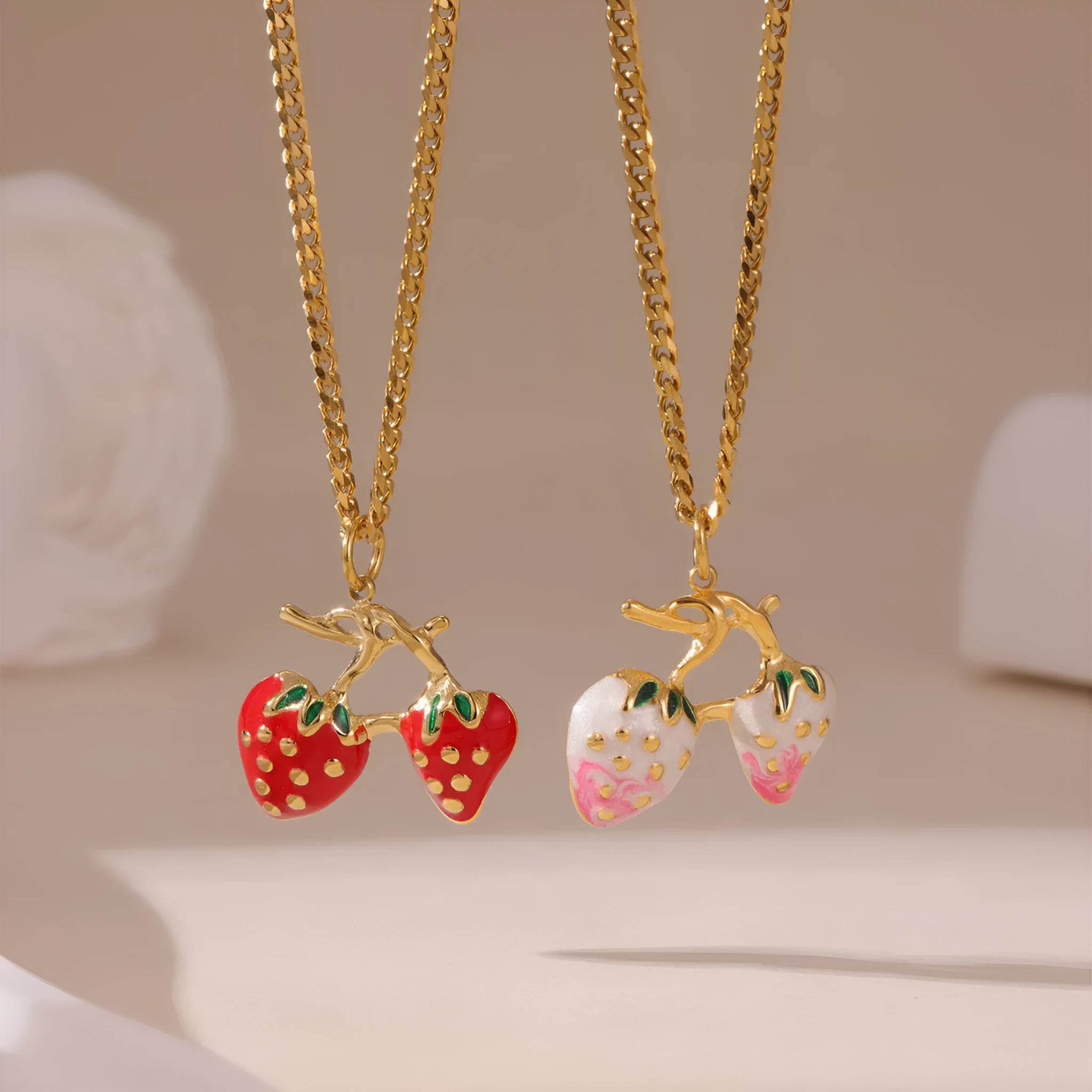 Strawberry necklace pendant in red or white gradient colour on alloy chain