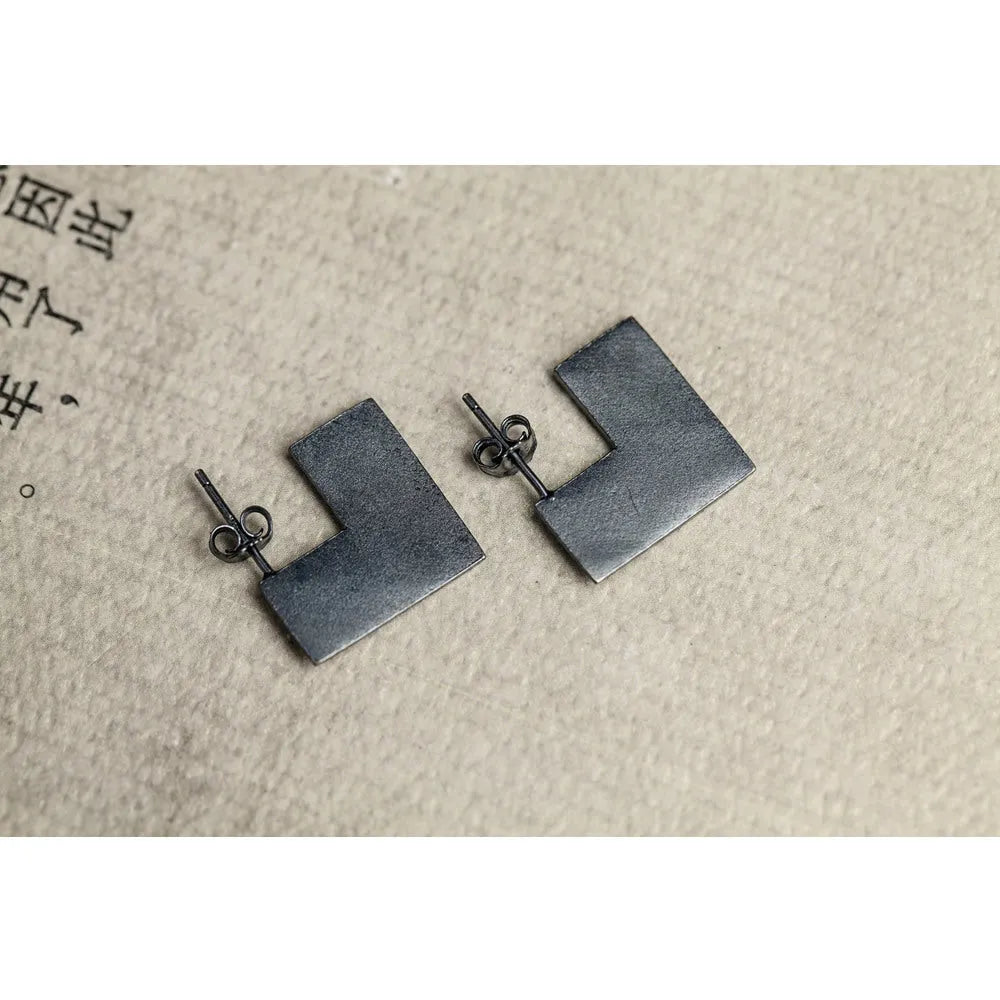Oxidation black square earrings geometric minimalist design 16mm 925 sterling silver