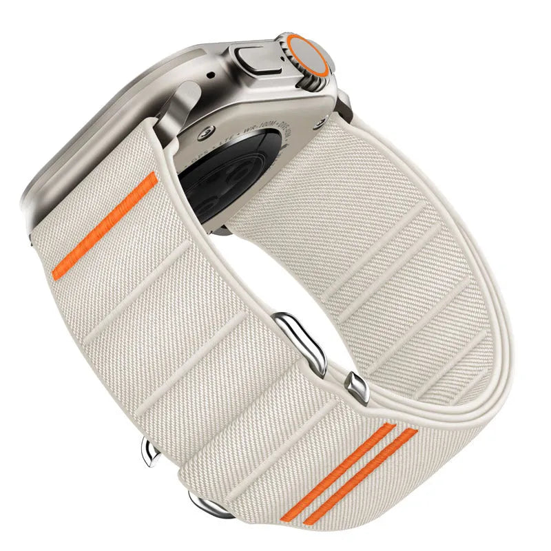 Elastic nylon Apple Watch band with stainless steel buckle shown in multiple colour options
