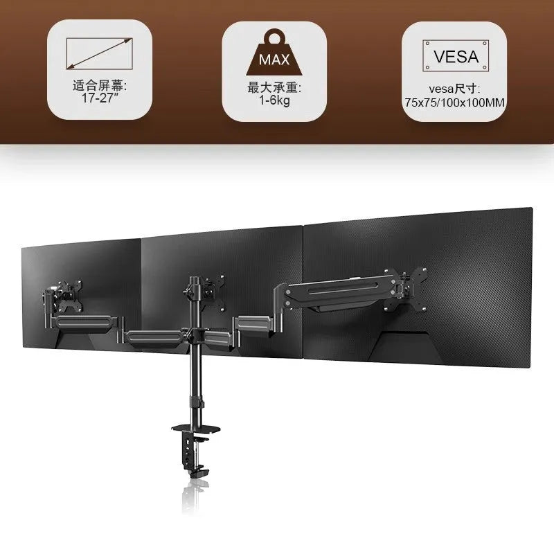Three-screen monitor stand with dual air pressure arm and cold rolled steel construction