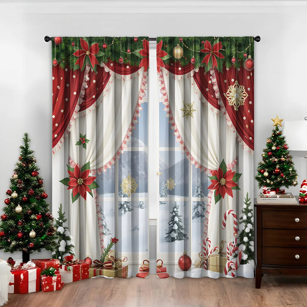Pair of red and green 3D digitally printed Christmas themed polyester curtains hanging on a window.