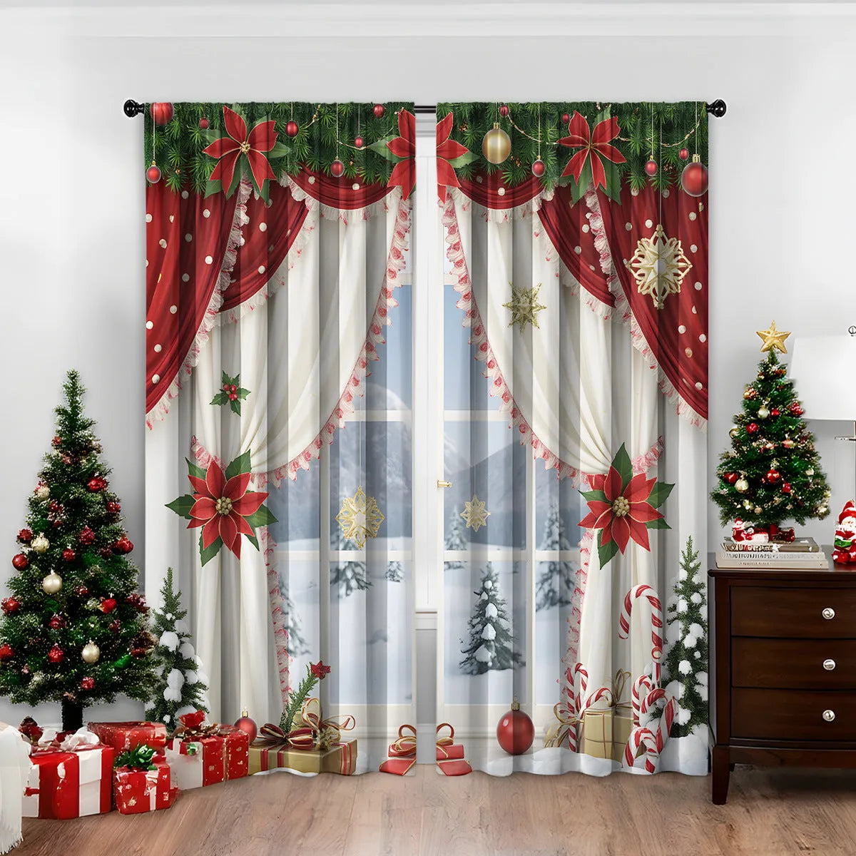 Pair of red and green 3D digitally printed Christmas themed polyester curtains hanging on a window.