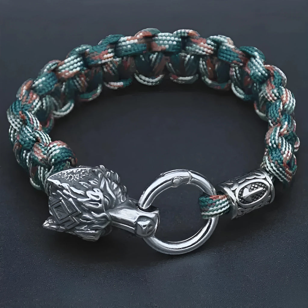 Stainless steel wolf head bracelet with Chinese character luen pendant in camouflage colour