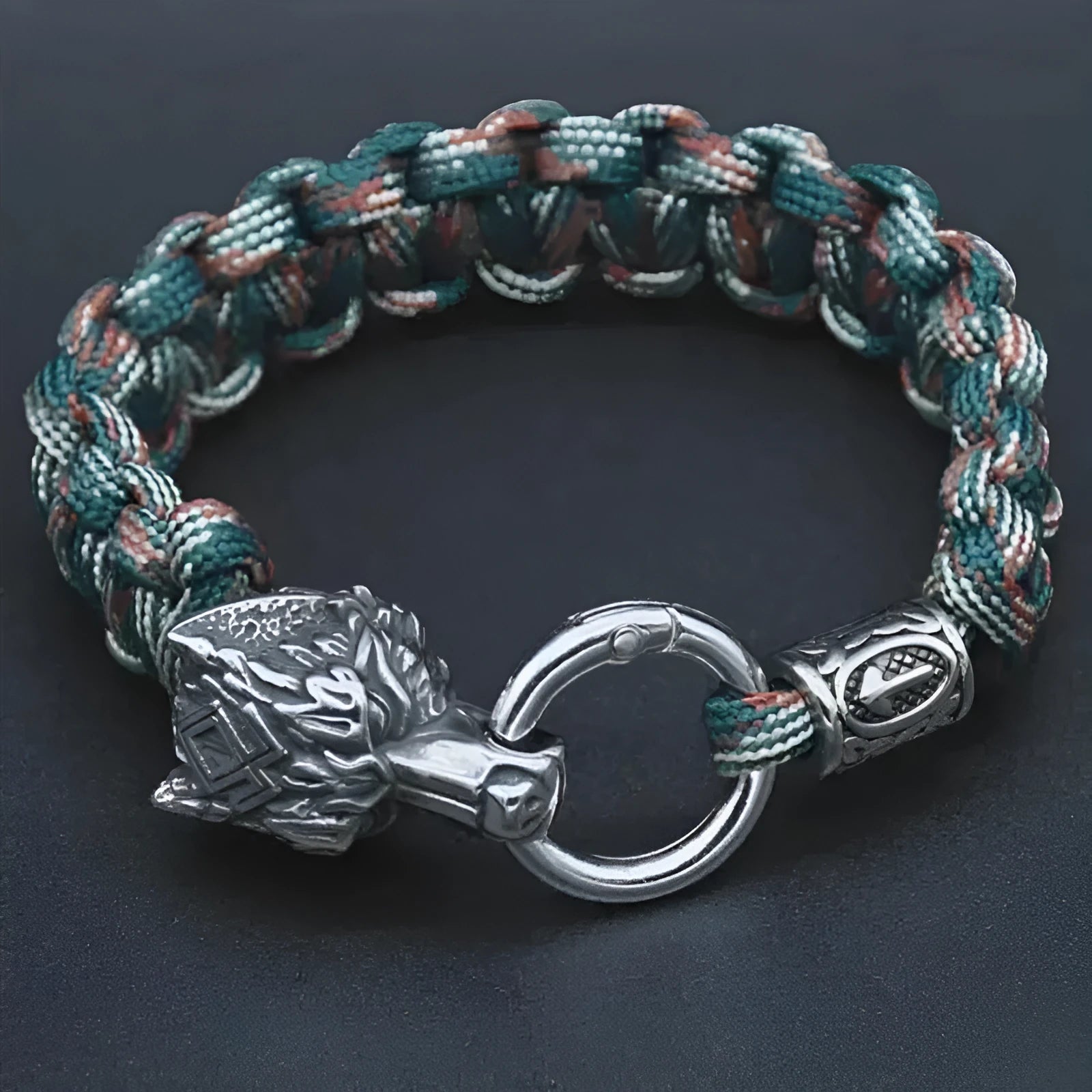 Stainless steel wolf head bracelet with Chinese character luen pendant in camouflage colour