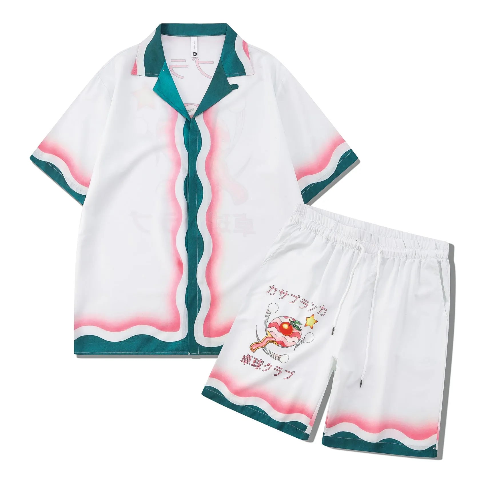 Printed plaid beach shirt and matching trousers set for casual wear.