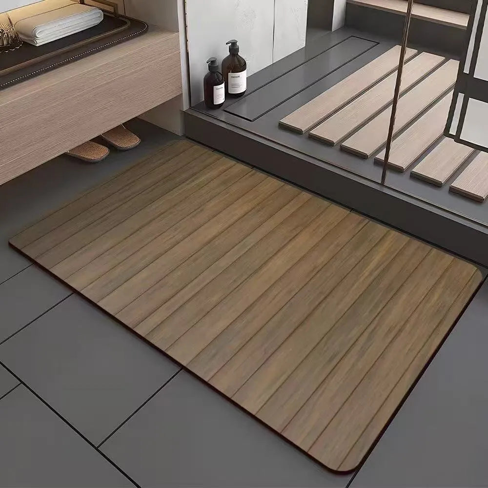 Square diatom ooze floor mat with geometric wood grain pattern in a bathroom setting.