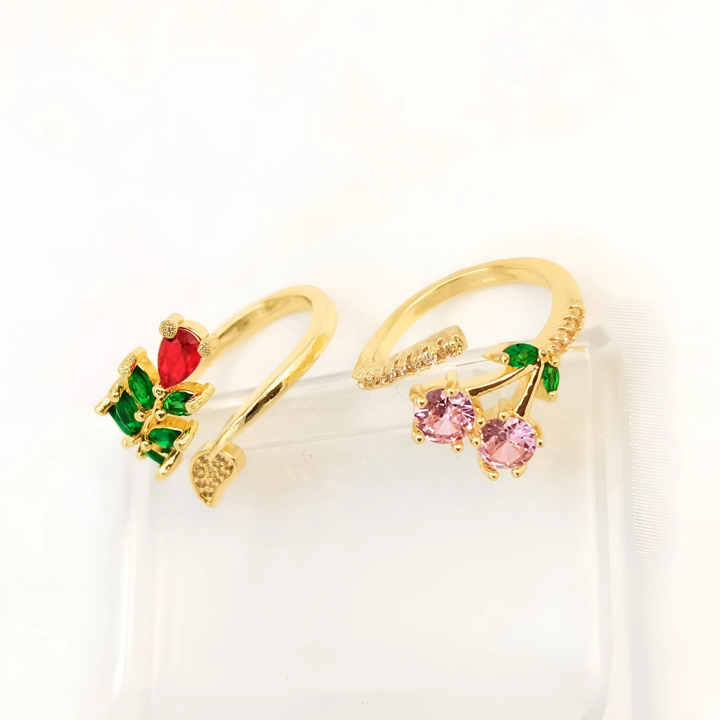 Copper gold-plated open ring with geometric leaf design and micro inlaid zircon stones in adjustable split band style