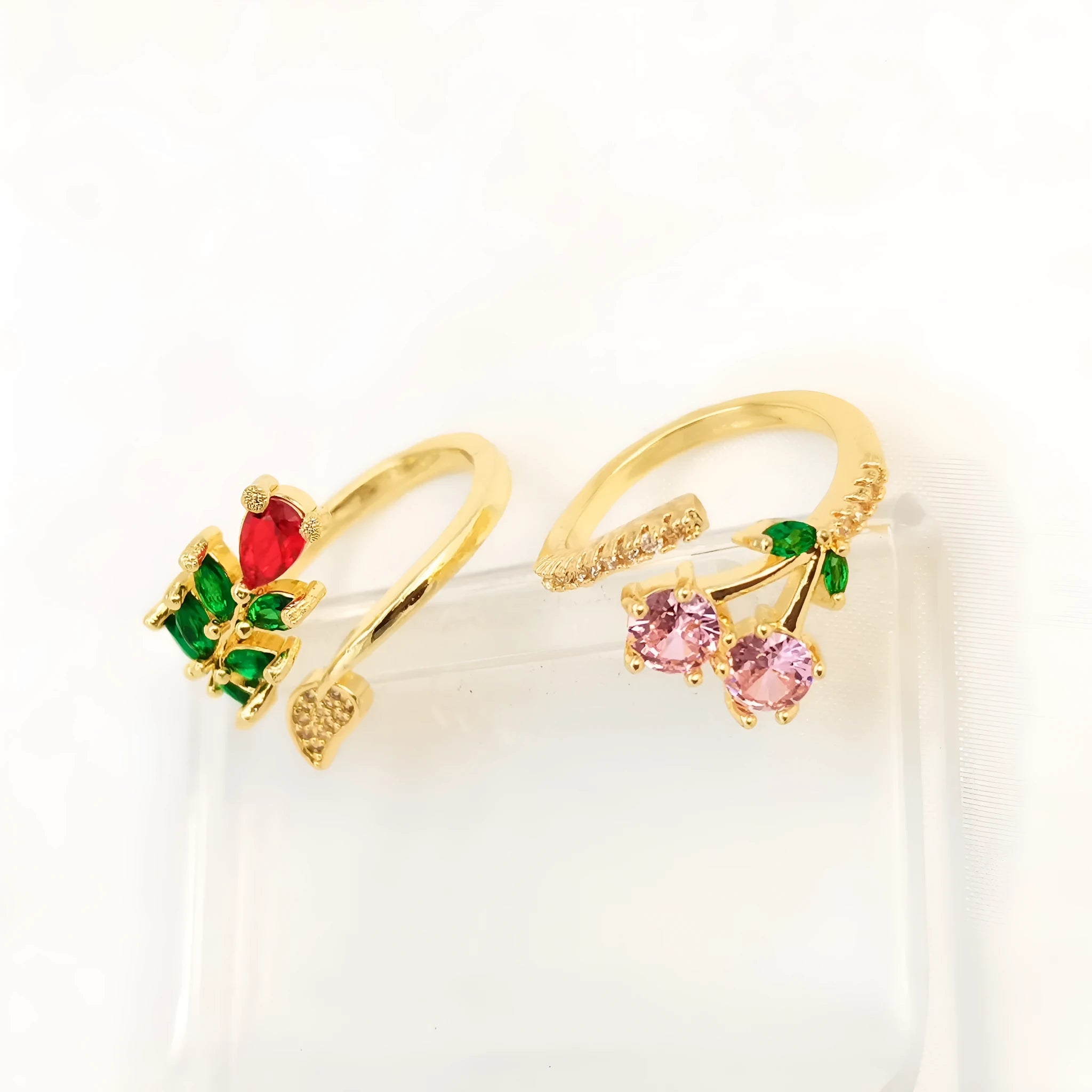 Copper gold-plated open ring with geometric leaf design and micro inlaid zircon stones in adjustable split band style