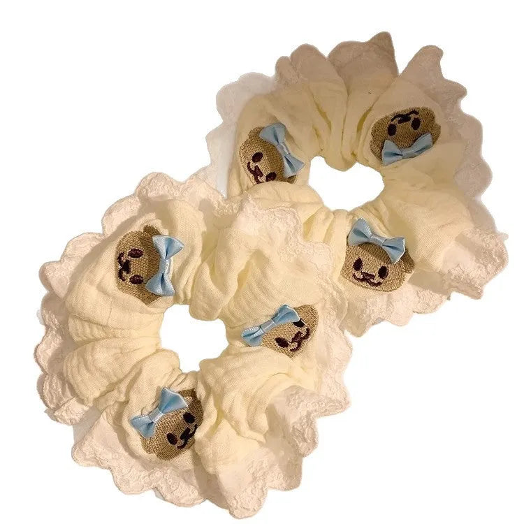 Bear blue bow lace large intestine hair ring elastic cloth scrunchie hair accessory