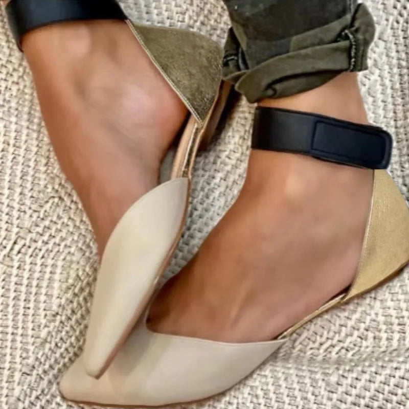 Women's flat heel sandals with hollowed design and Velcro strap in beige PU.