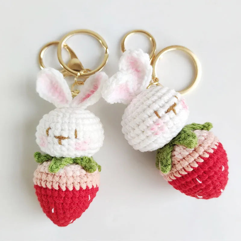 White hand-woven wire rabbit strawberry pendant charm with key ring