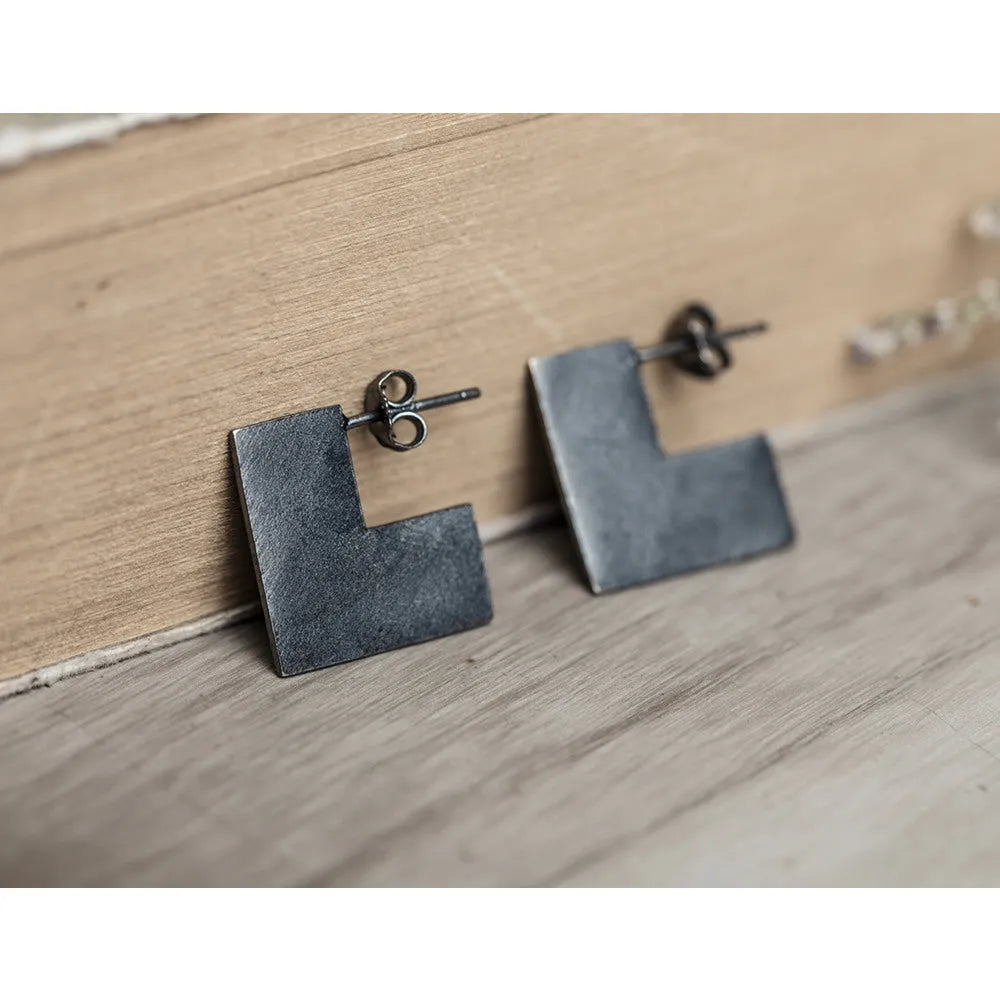 Oxidation black square earrings geometric minimalist design 16mm 925 sterling silver
