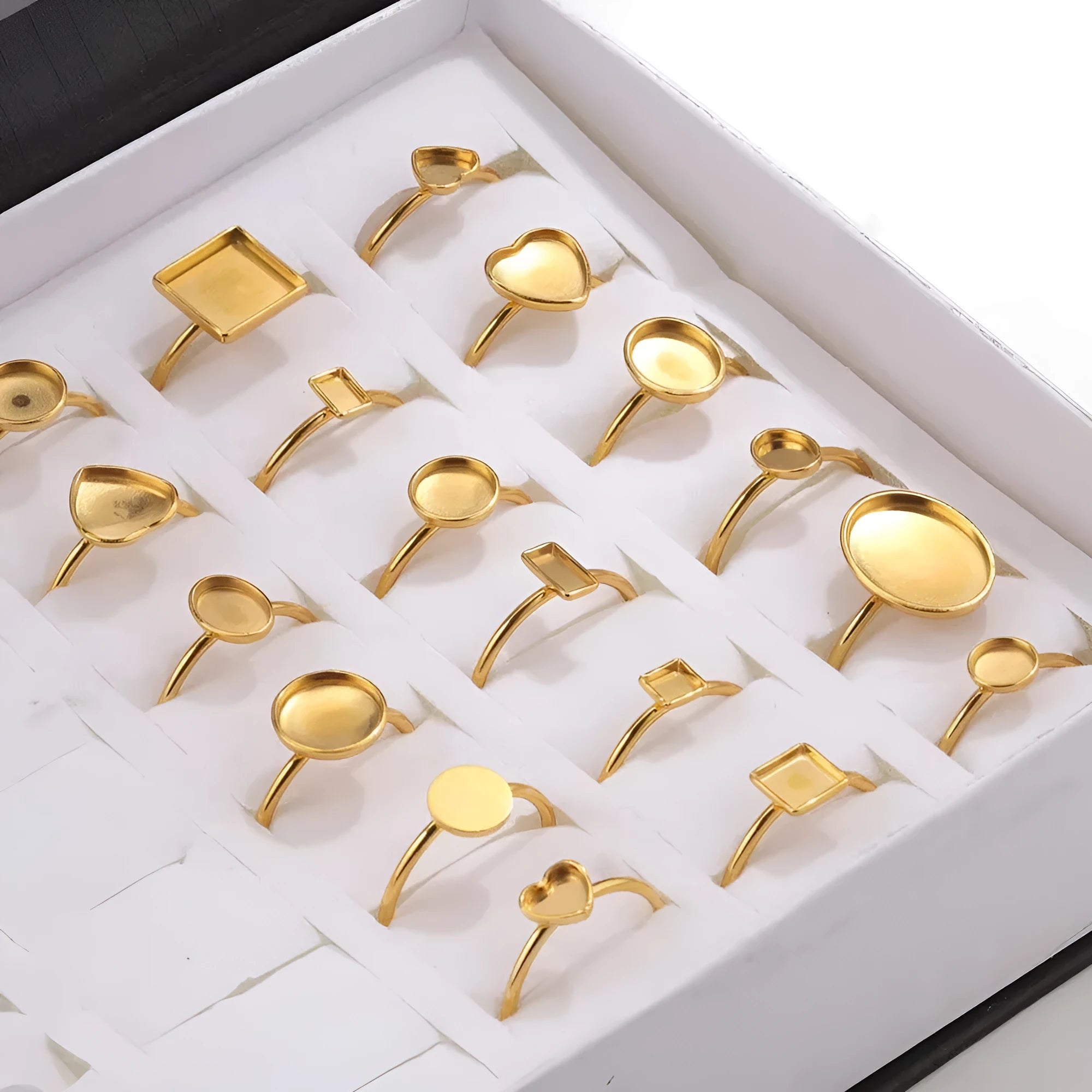 Golden electroplated stainless steel ring settings in various shapes and sizes with ring holder for DIY jewellery