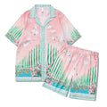 Printed plaid beach shirt and matching trousers set for casual wear.