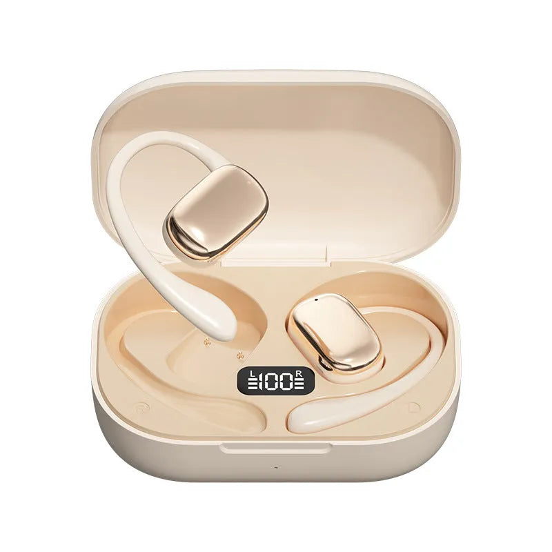 Ear-mounted wireless headphones with digital display screen in black, white, or skin colour options