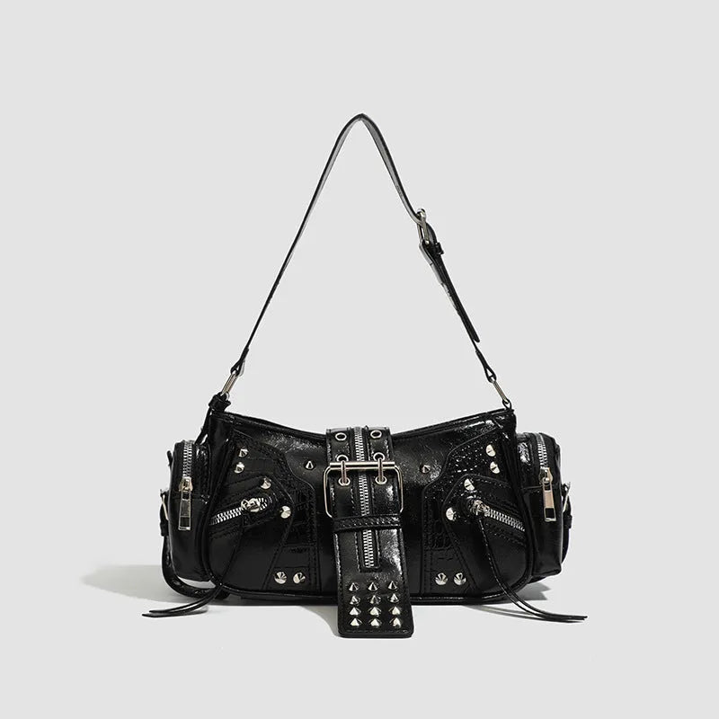 Black retro oil wax leather shoulder bag with dumpling shape and internal organisation pockets