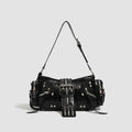 Black retro oil wax leather shoulder bag with dumpling shape and internal organisation pockets