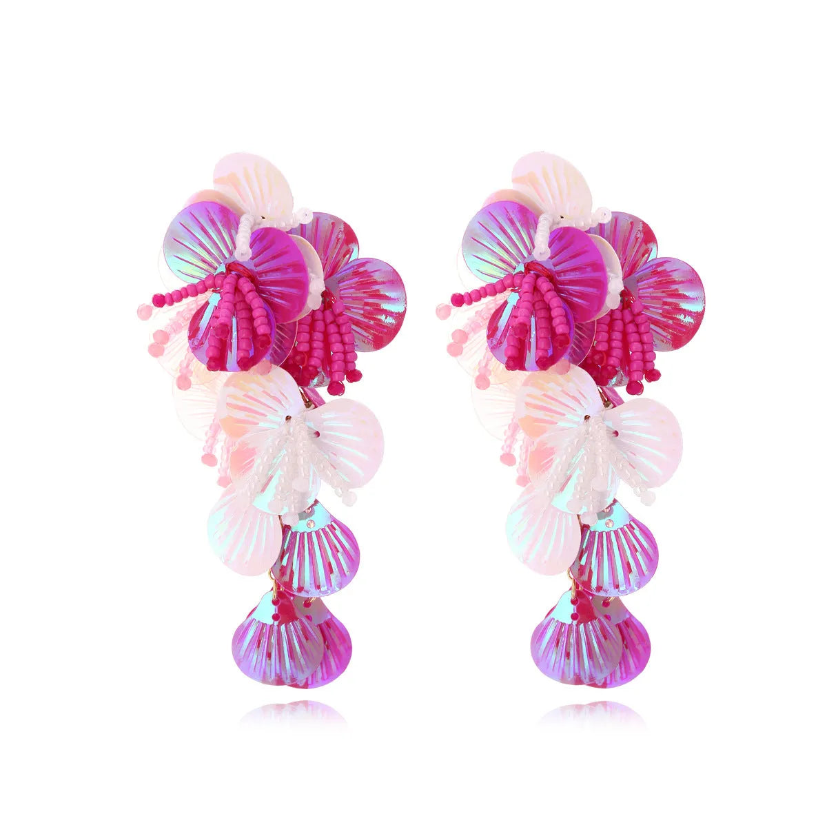 Handmade string bead flower earrings in colourful, purple, and rose colours with European American exaggerated style