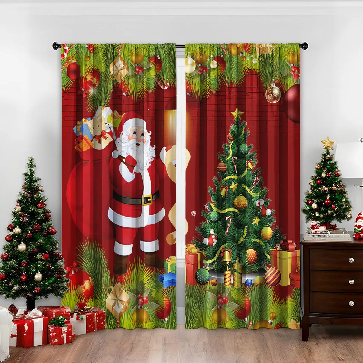 3D digitally printed Christmas curtain panel hanging on a window, showing festive pattern and polyester fabric texture.
