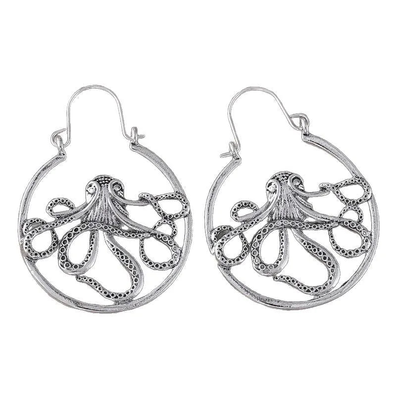 Vintage style octopus drop earrings in antique silver colour with detailed tentacle design