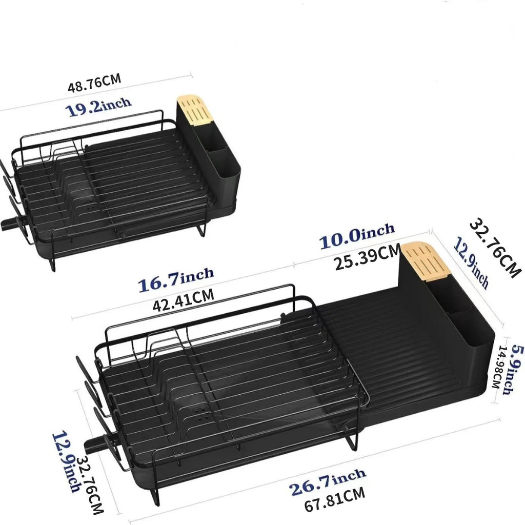Retractable carbon steel kitchen dish drain rack for knives and forks on a countertop.